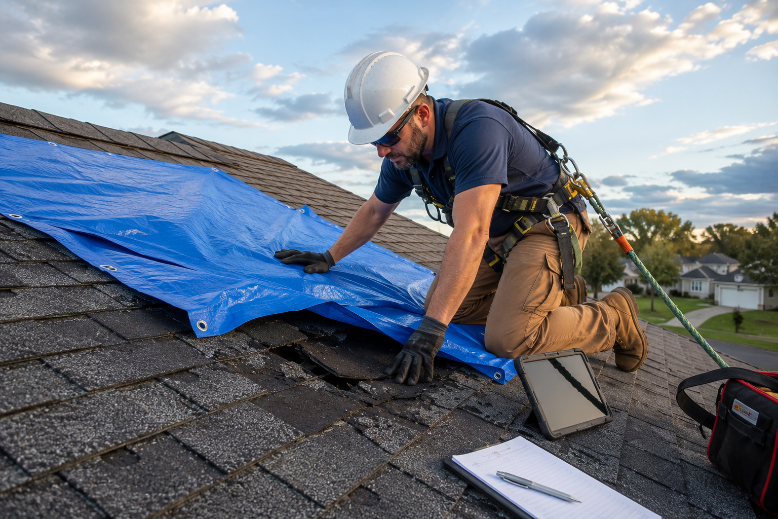 Roofer repairing suburban roof under sun