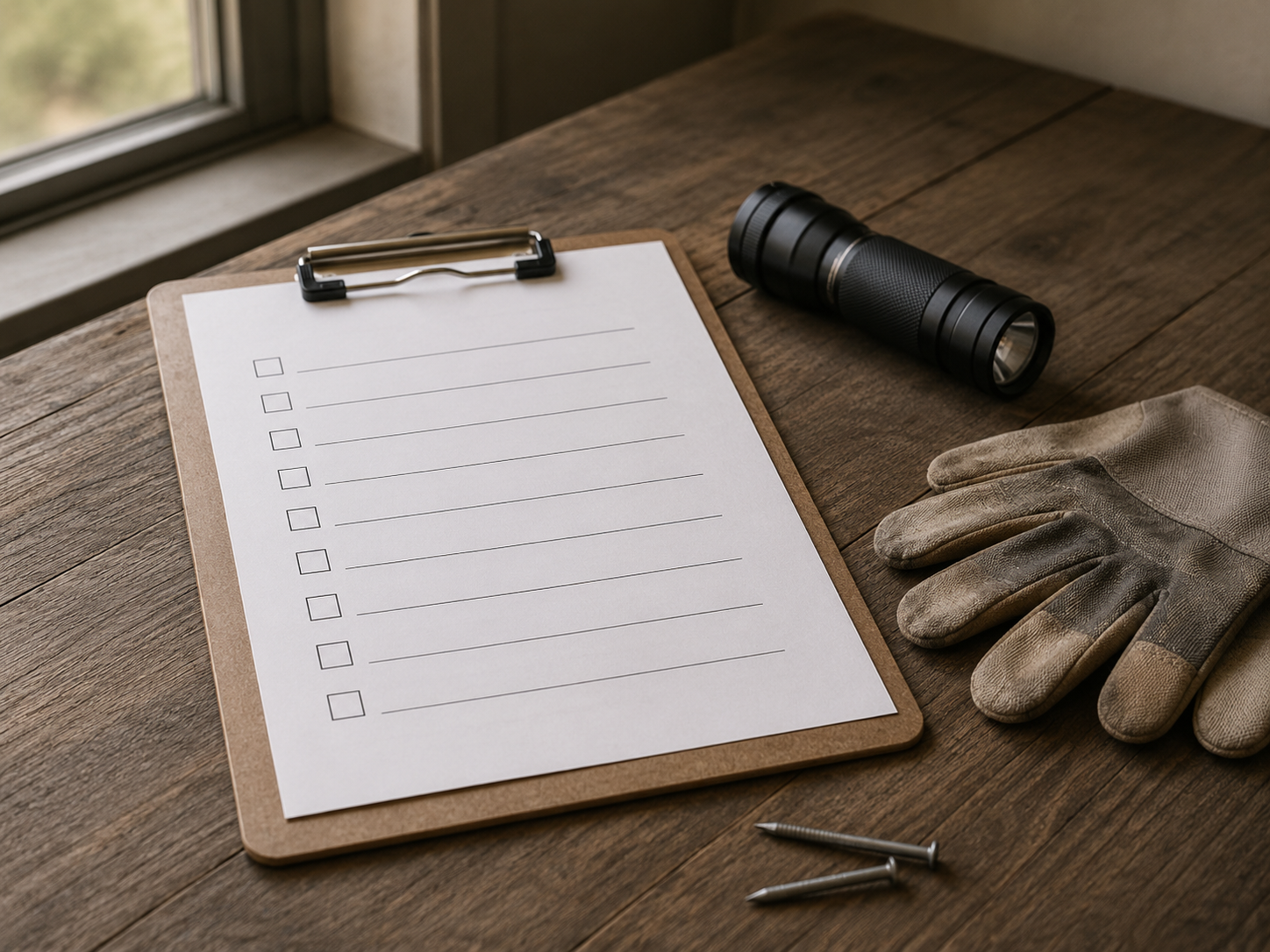 Work tools on a wooden table