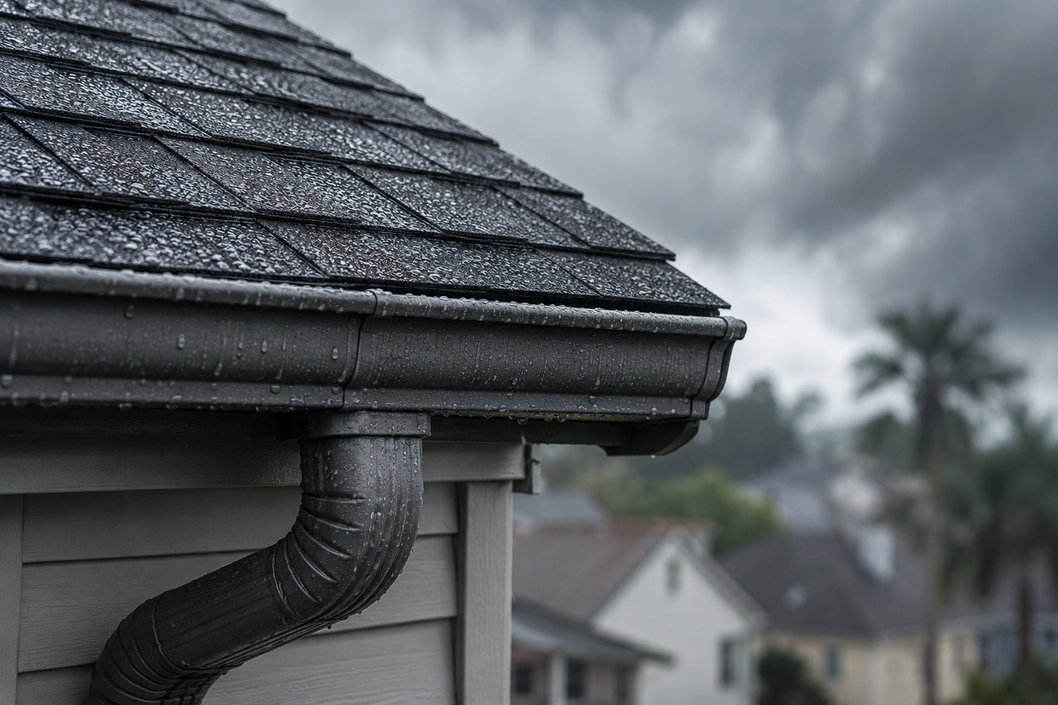 ain-soaked rooftop gutter and downspout corner
