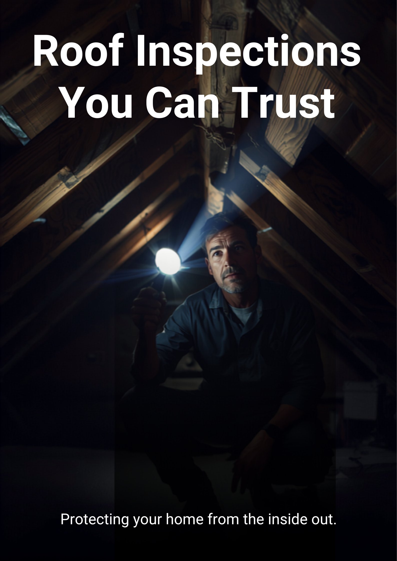 Roof inspector examining attic rafters with flashlight