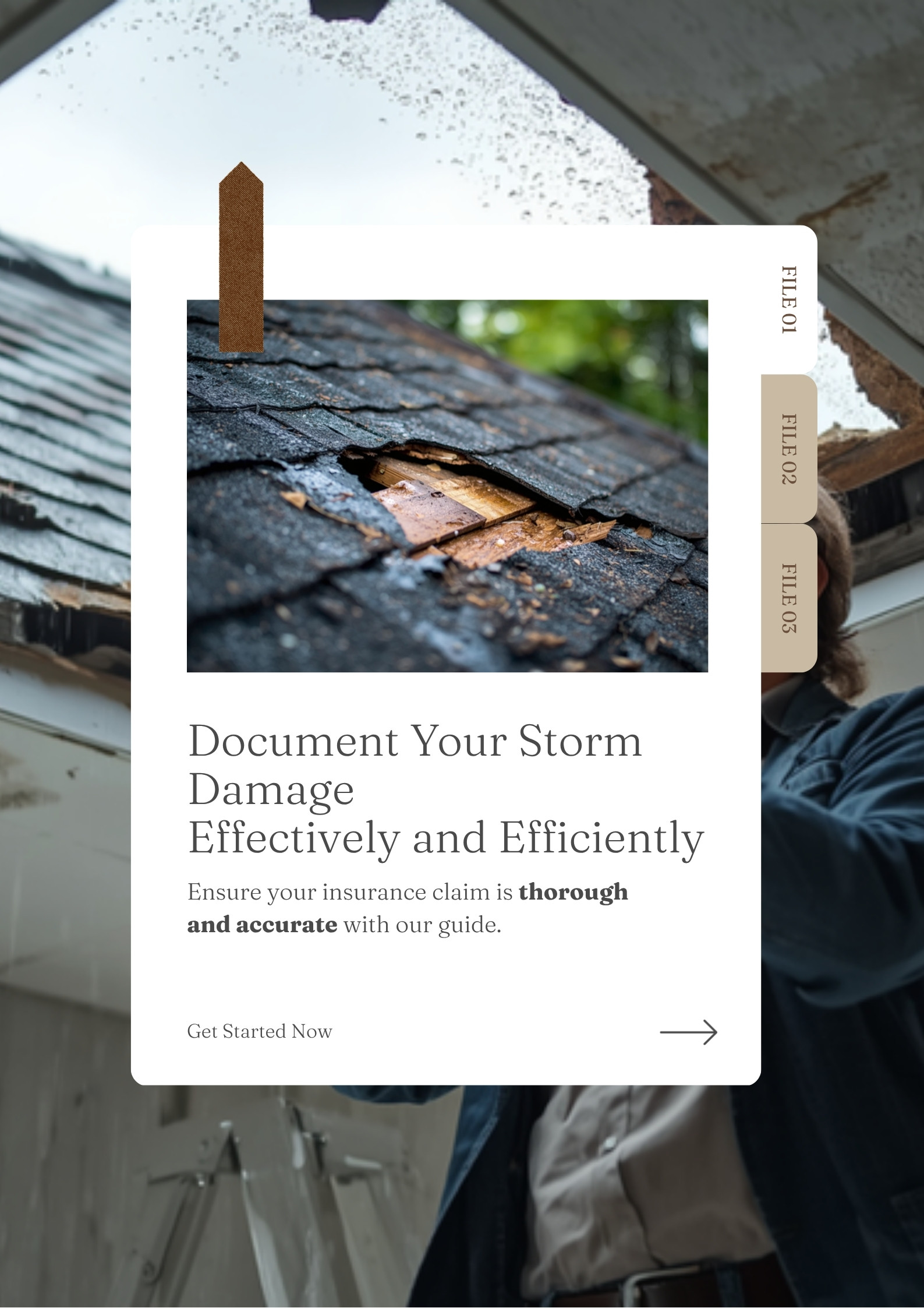 Homeowner documenting roof storm damage for insurance claim