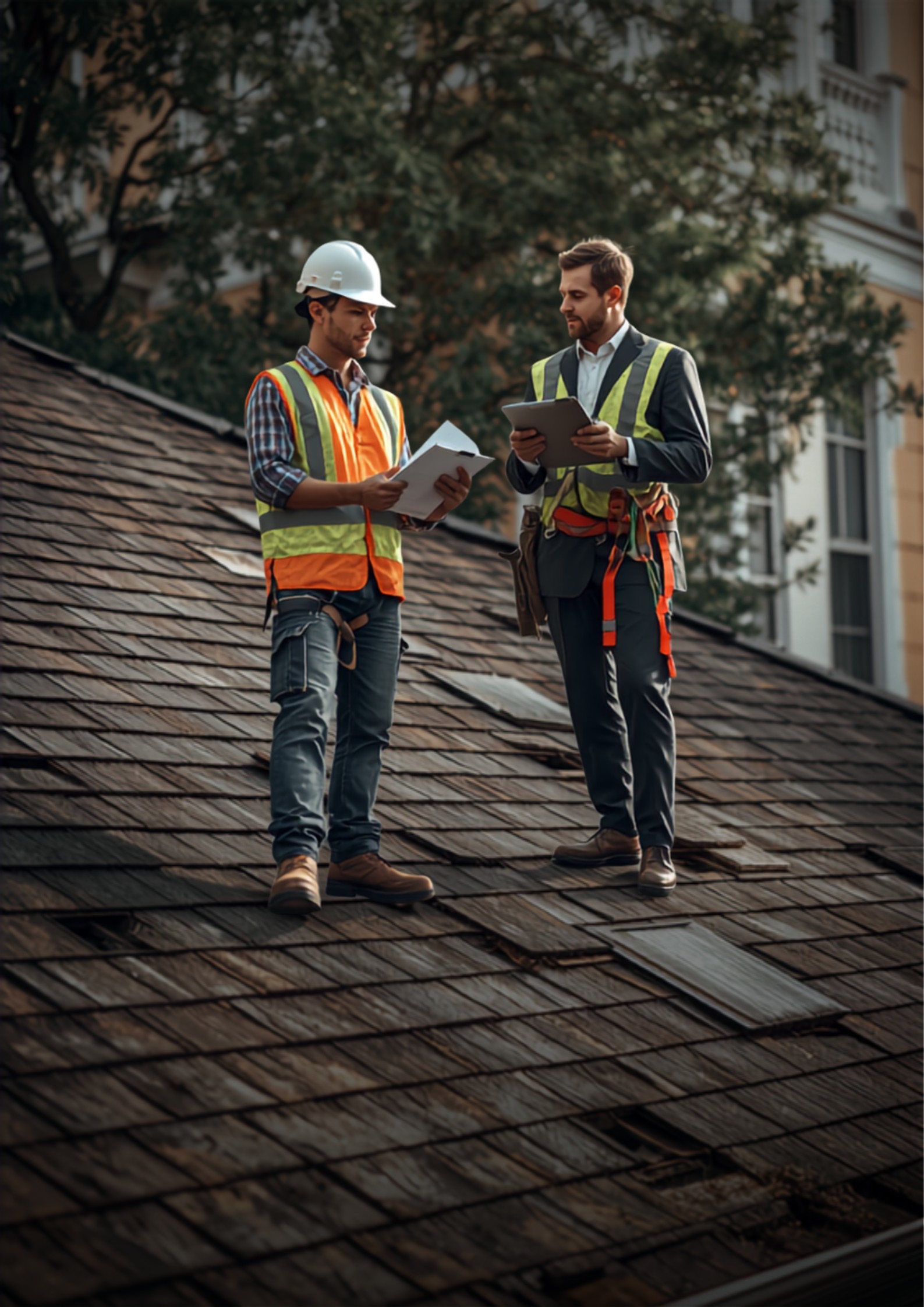 Roofing contractor and insurance adjuster inspecting roof damage